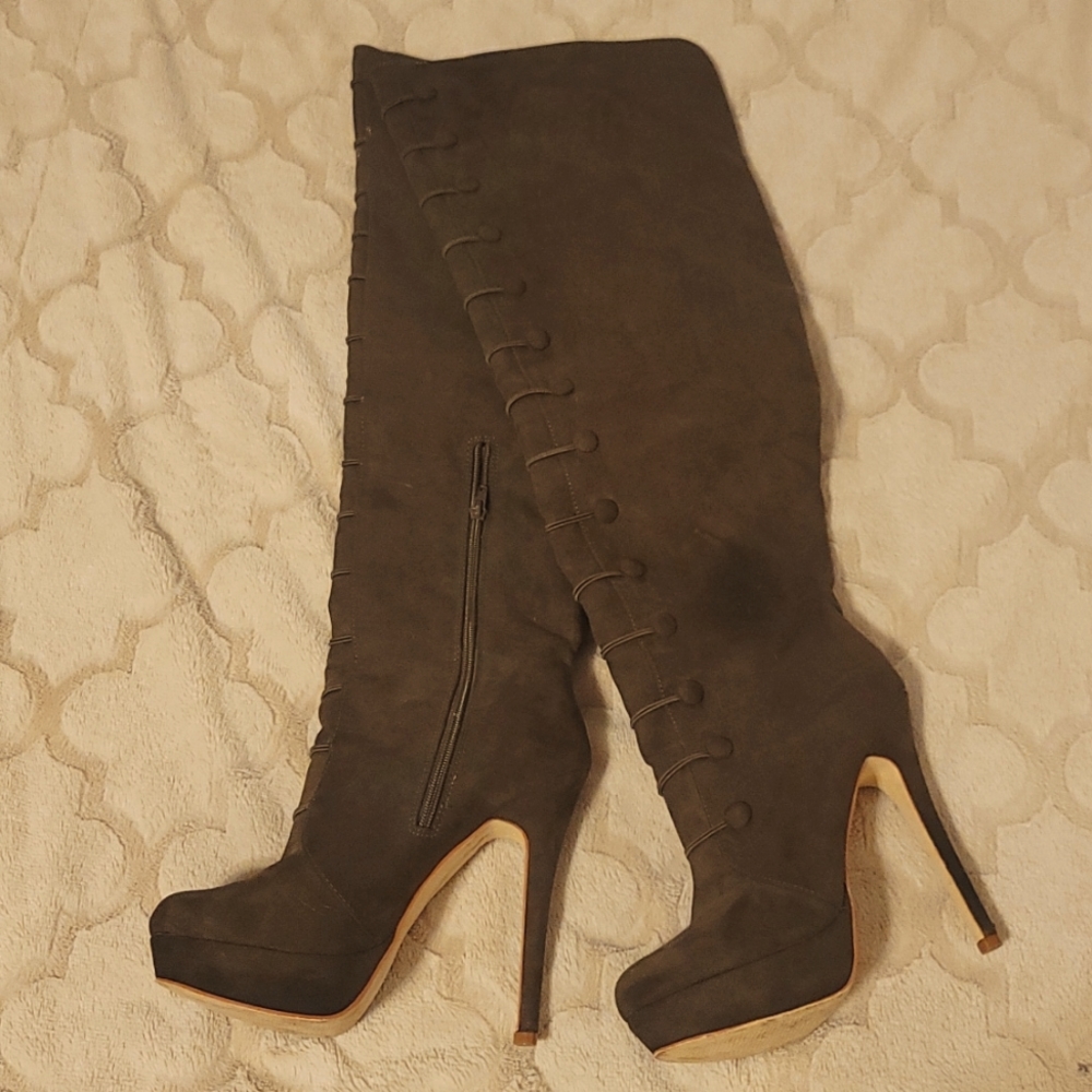 Olive suede thigh high boots